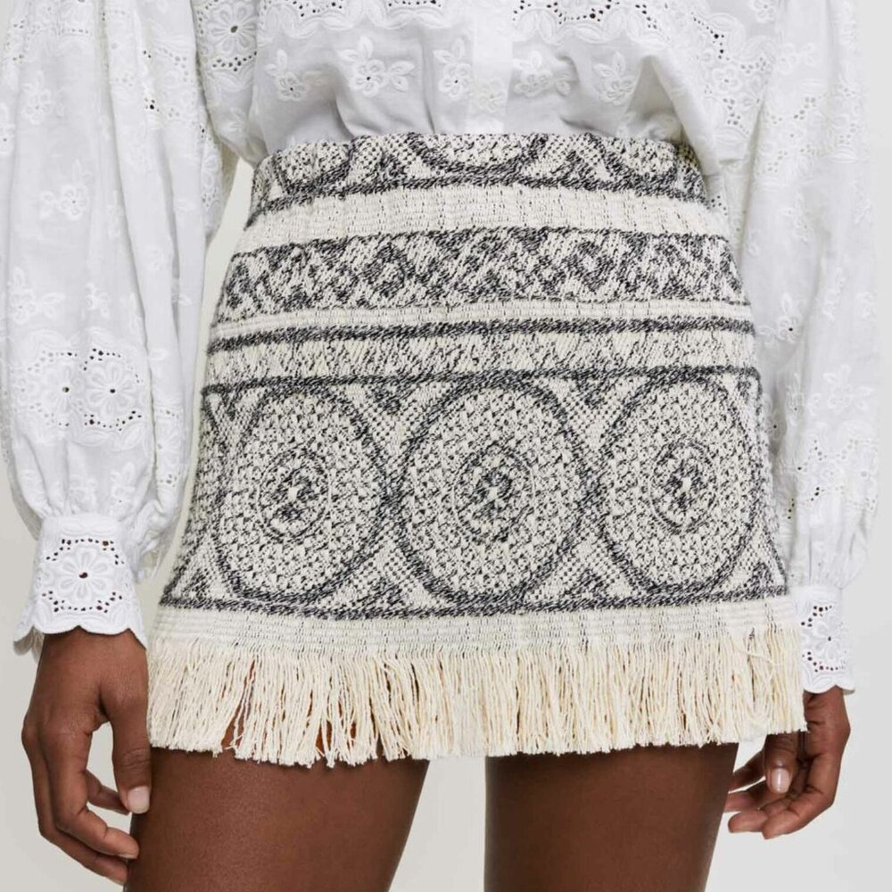 MAJE iapiro fringed cotton-blend jacquard mini skirt